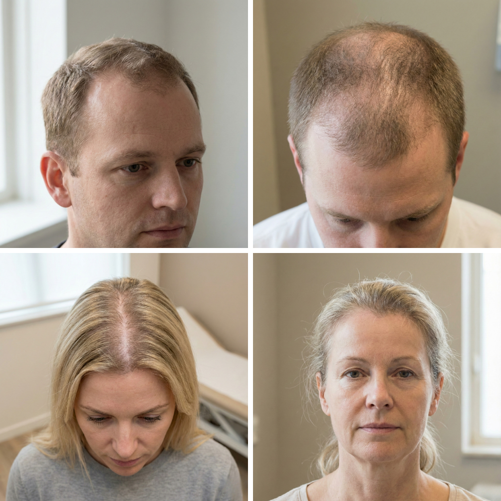 Voorbeelden van geleidelijke of erfelijke haarverdunning bij mannen en vrouwen.