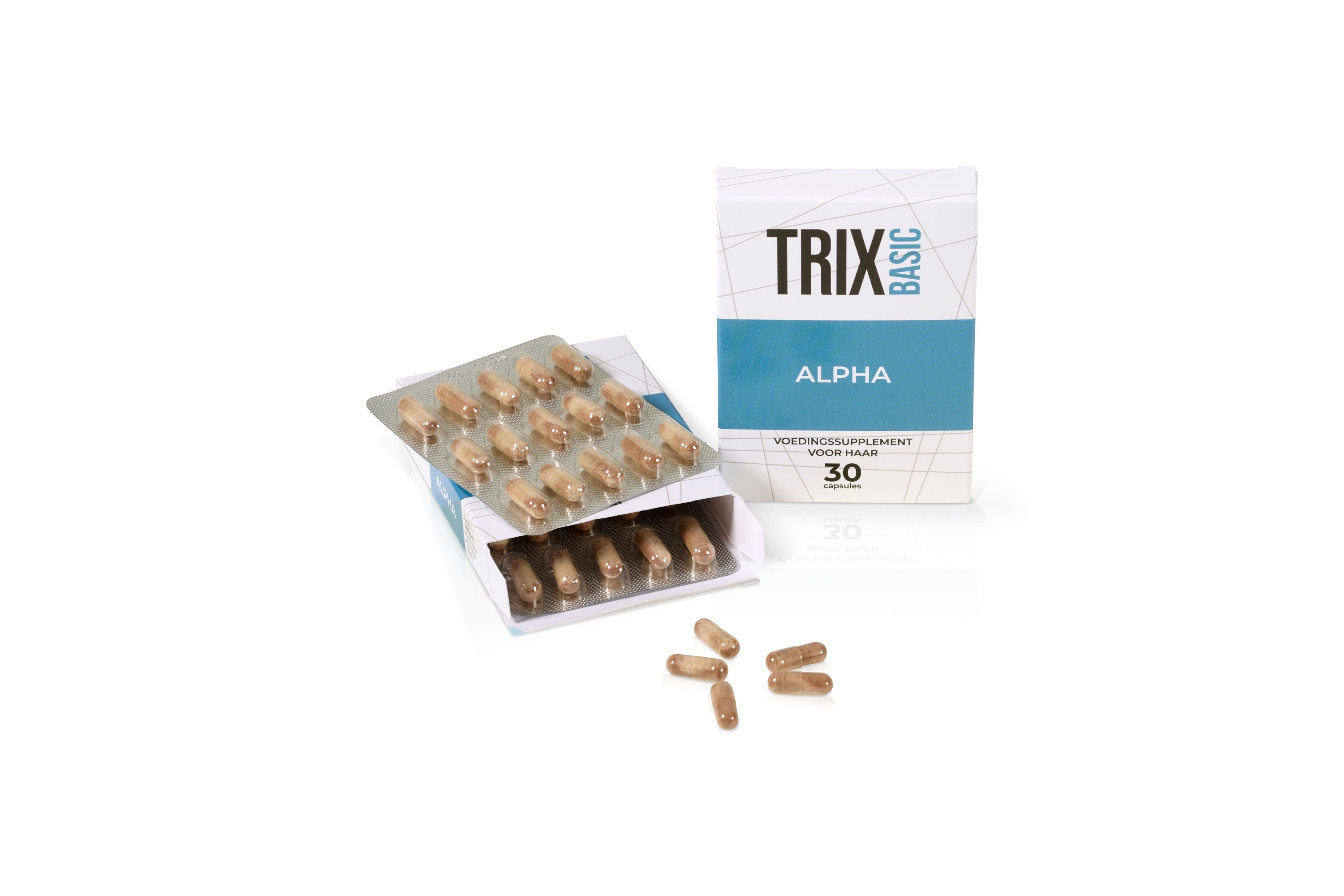 TRIX Basic Alpha supplement met geopende verpakking en zichtbare capsules op een lichte achtergrond.