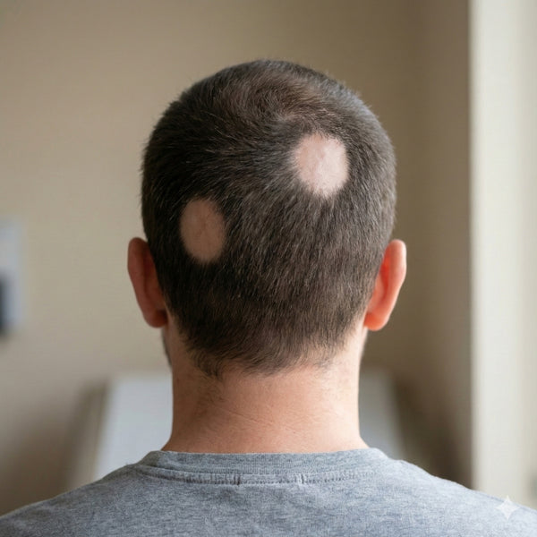 Achteraanzicht van een man met twee scherp begrensde kale plekken op de hoofdhuid, passend bij pleksgewijze haaruitval (alopecia areata).