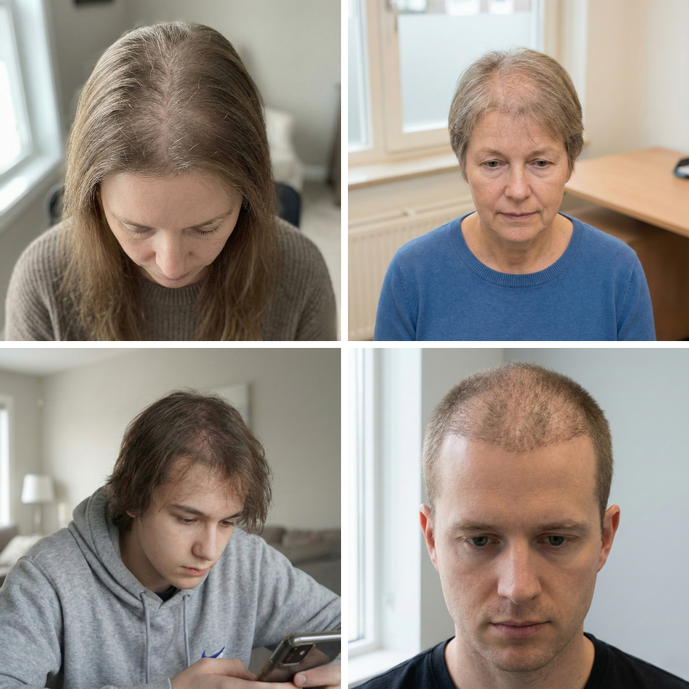 Voorbeelden van toegenomen of diffuse haaruitval bij mannen en vrouwen