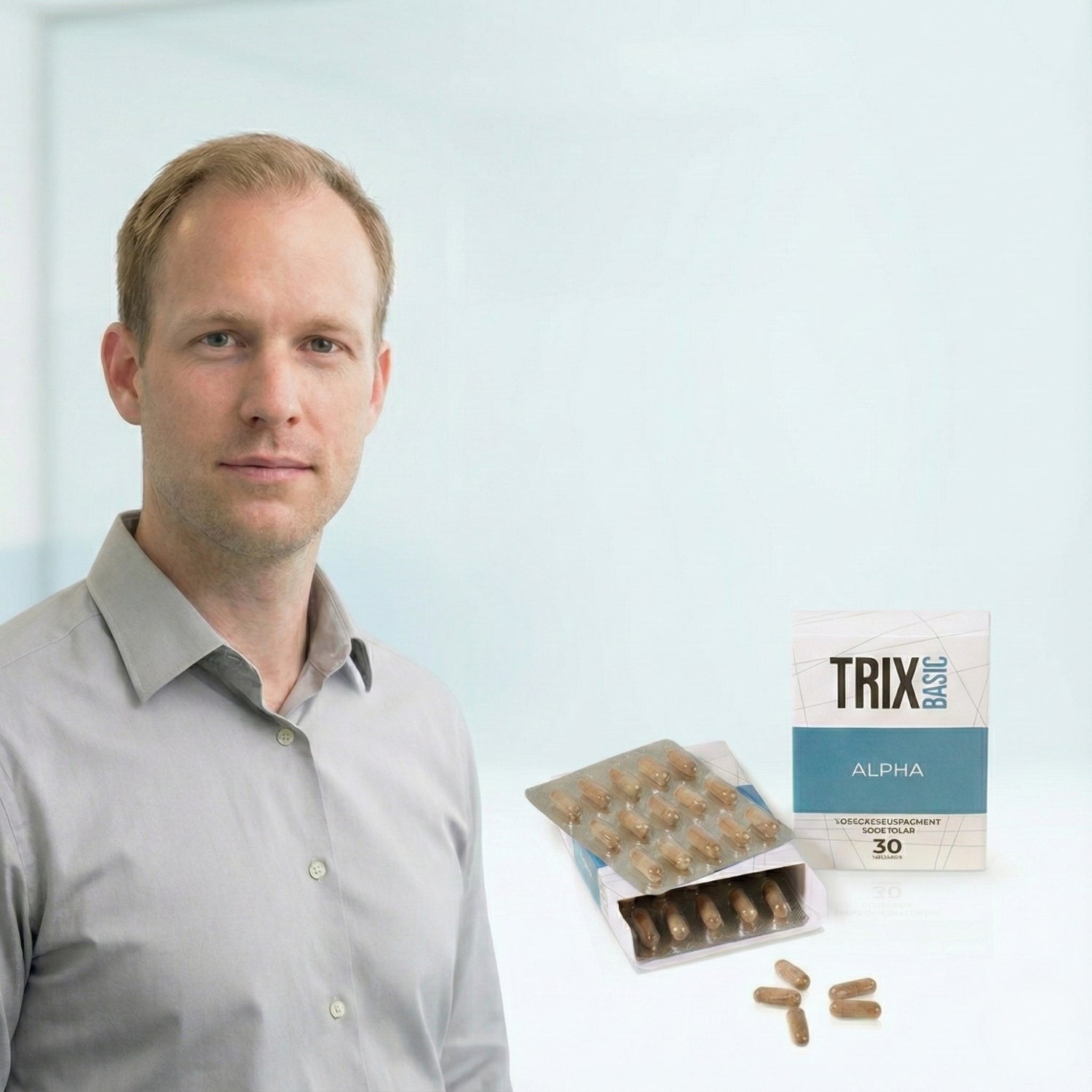 Man naast de verpakking en capsules van TRIX Basic Alpha op een lichtblauwe achtergrond.