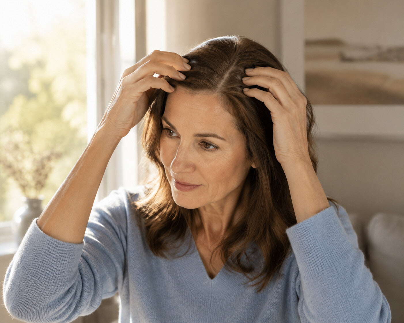 Vrouw controleert haar bij mogelijke haaruitval door vitamine D-tekort.