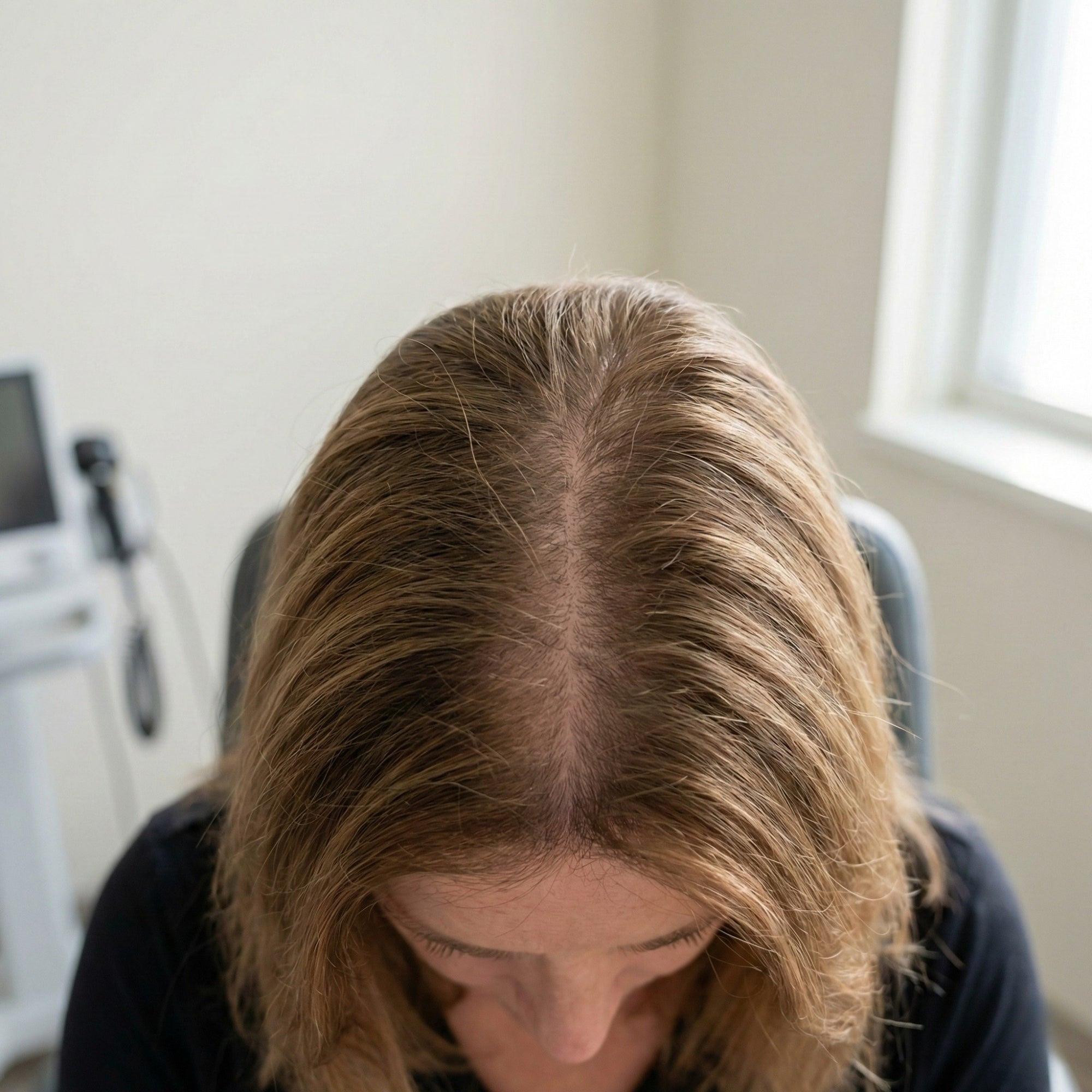Vrouw bekijkt geleidelijke haarverdunning bij de middenscheiding